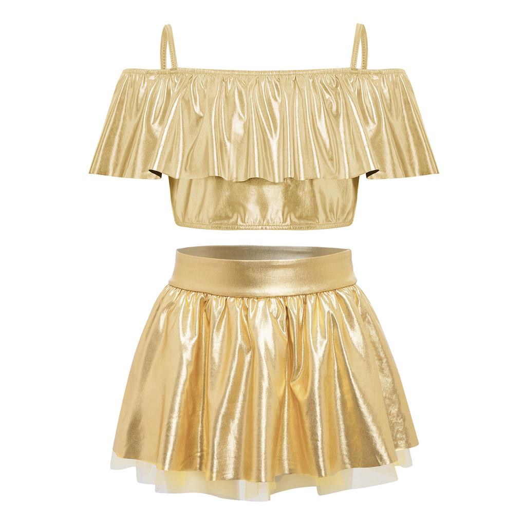 Girls Dance Performance Outfit Off Shoulder Spaghetti Straps Metallic Ruffles Crop Top Shiny Tutu Skirt