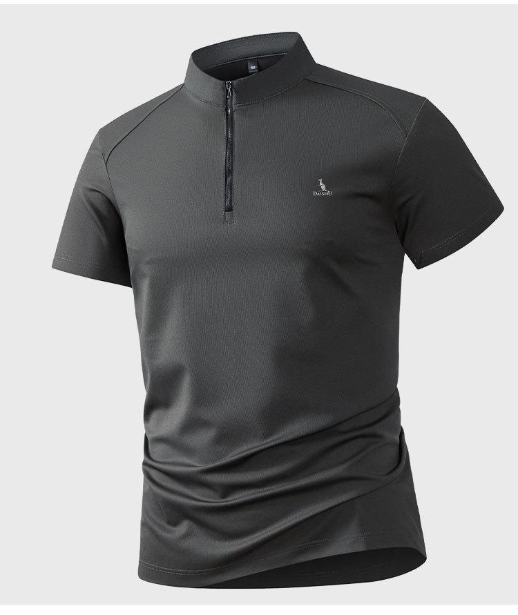 Half zip stand up collar design/high stretch fabric: Summer business casual drape men's light trendy short sleeved t-shirt