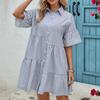 Летние повседневные платья с короткими рукавами Платье-рубашка на пуговицах Женское нерегулярное полосатое платье с отложным воротником Платье с высокой талией Платье с складным дизайном Пляжное платье