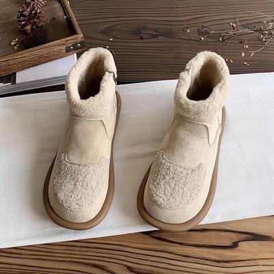 Зимние плюшевые туфли-балетки с круглым носком для женщин 2025 Новинка в ботинках Шикарные и элегантные Рабочие Высококачественные полусапожки из овчины Снежные ботинки для женщин