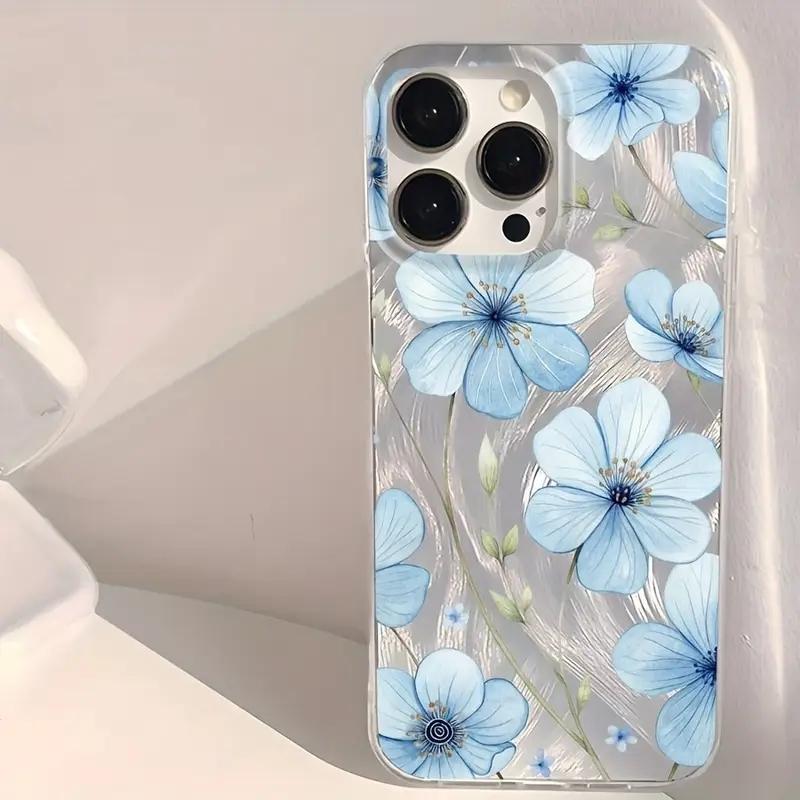 Модный Синий Искрящийся Чехол с Цветочным Узором для iPhone 16 16E 15 14 13 12 11 Pro Max 7 8 14 15 Plus X XR XS SE2