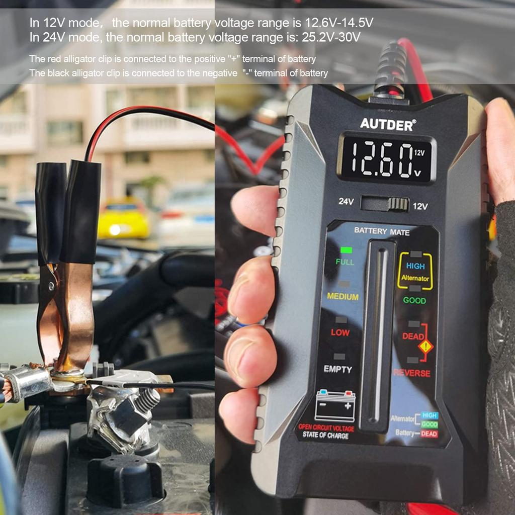 Цифровой тестер аккумуляторов, вольтметр, анализатор системы зарядки генератора переменного тока с ЖК-дисплеем, светодиодным дисплеем, зажимами, кабелем и кабелем прикуривателя