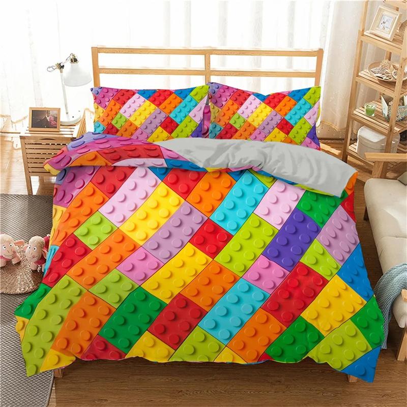 Colorful Toy King Queen Duvet Cover 3D Building Block Pattern Bedding Collection Fun Brick Quilt Cover Gradient Rainbow Comforter Cover
