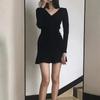 High Waist Women's Hip Hugging Skirt Pleated Y2k Slim Fit Dress Sweet Long Sleeve Dress  Club