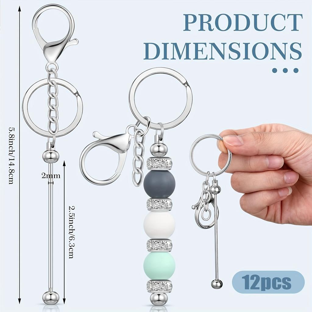 12pcs of Bead Keychain DIY Keychain Pendant Made of Silvery Metal Bead Keychain Blank Keychain Bead Keychain, DIY Bead Keychain, Hanging Accessories