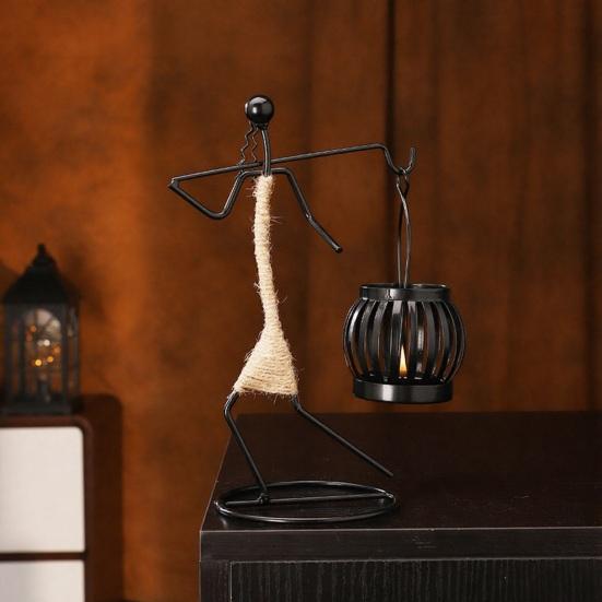 Human Figure Iron Candle Holder Handmade Metal Jute Rope Candlestick Nordic Boho Home Decor for Dining Table Bar Countertop Wedding