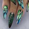 24pcs Glossy Long Almond Fake Nails, Ombre Green Press On Nails With Black And Silvery Glitter Stripe Design, Sparkling Full Cover False