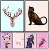 Vintage Color Animal Canvas Painting Deer Leopard Parrot Flamingo Crow Owl Wall Art Posters and Print for Home Living Room Decor No Frame