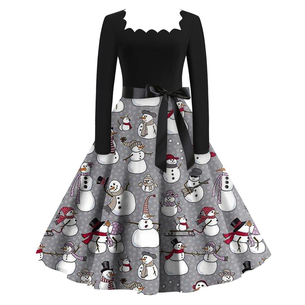 Женское модное ретро вечернее платье с длинным рукавом, квадратным вырезом и рождественским принтом