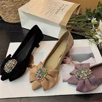 Весенне-осенние туфли-лодочки на высоком каблуке с бантом и стразами, женские, новые, в минималистичном стиле, однотонные, из мягкой кожи, для работы, женские, с открытым вырезом, одинарные