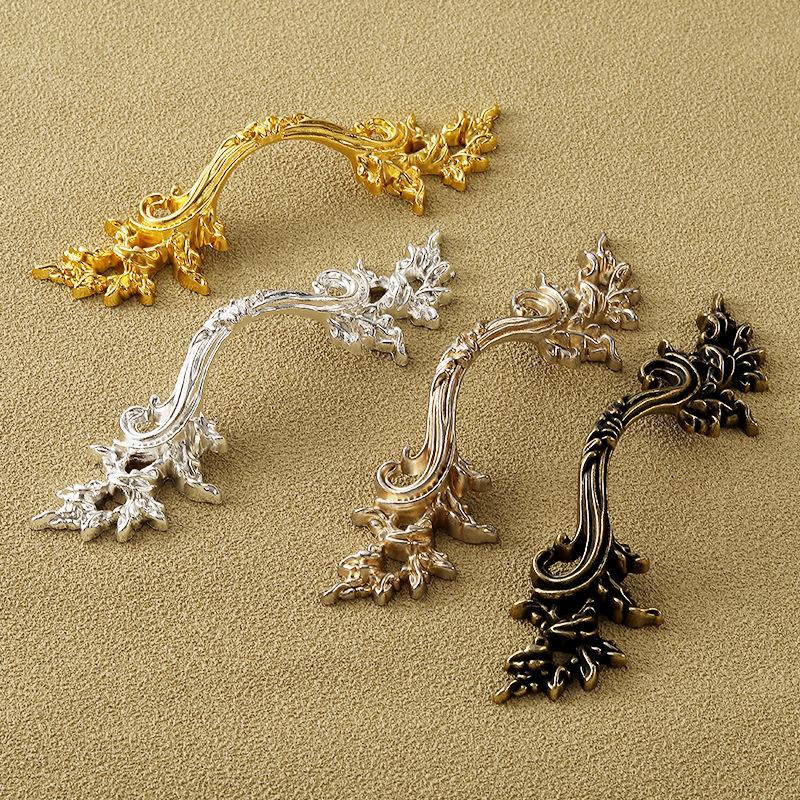 European Antique Clothes Cabinet Door Handle Golden Silver Carved Dressing Table Drawer Handle Zinc Alloy Furniture Hardware