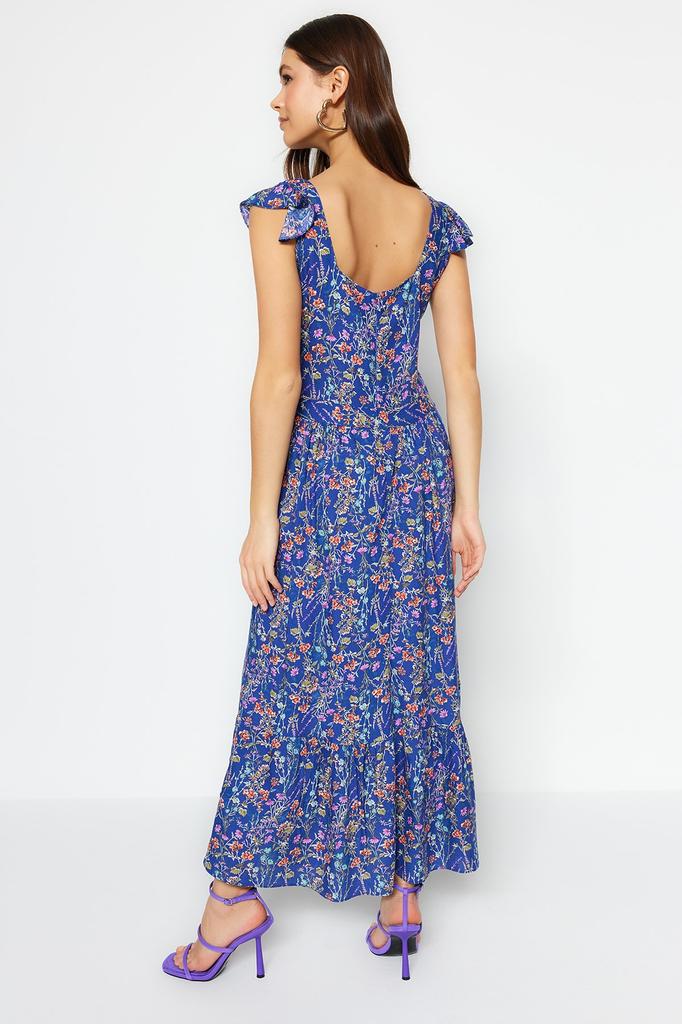 Женское платье, новый сезон, модное синее тканое платье трапециевидной формы с квадратным воротником и цветочным узором из вискозы миди