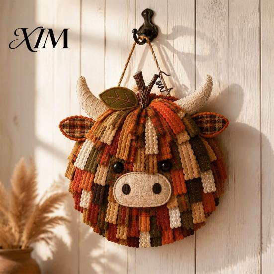 Seasonal Handmade Wall Hanging Highland Cow Pumpkin Patchwork Kit, Fabric Autumn DIY Sewing Project Craft Kit for Beginners, Home Farmhouse Decoration