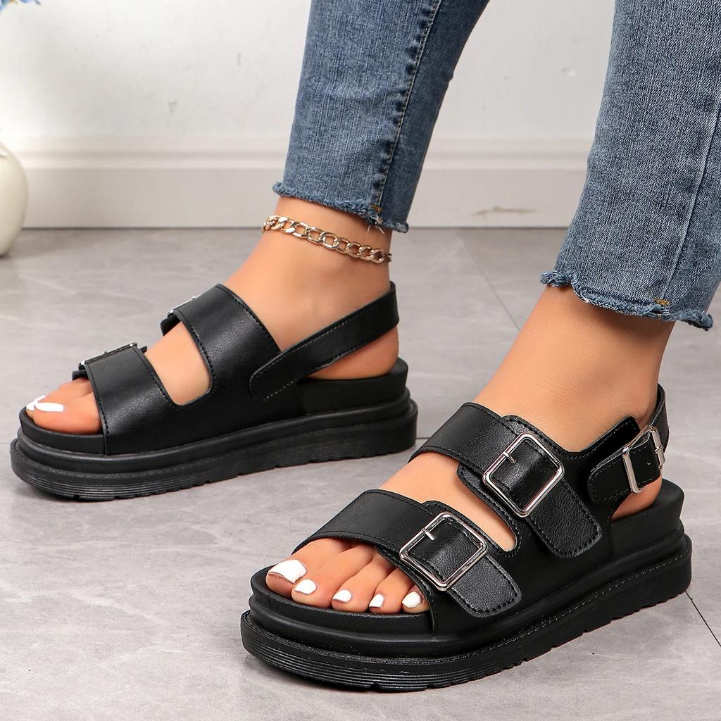 New Women Sandals British Style Rome Shoe Comfy Soft Leather Summer Metal Buckle Casual Slipper Flat Platform Sandals