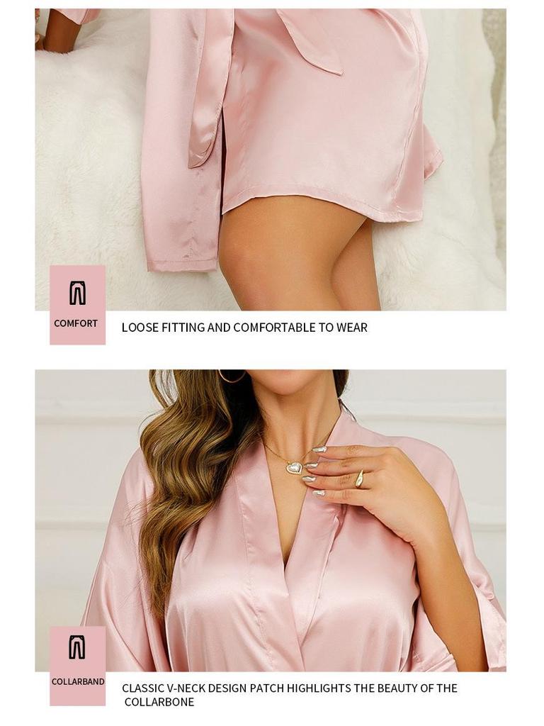 Женский однотонный халат-кимоно из шелковистой ткани - Длинный, сексуальный халат с запахом и домашняя одежда