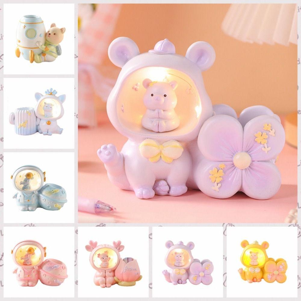 Little Bear/Pig LED Night Light Cartoon Makeup Brush Holder Astronaut Ornament Children's Gifts