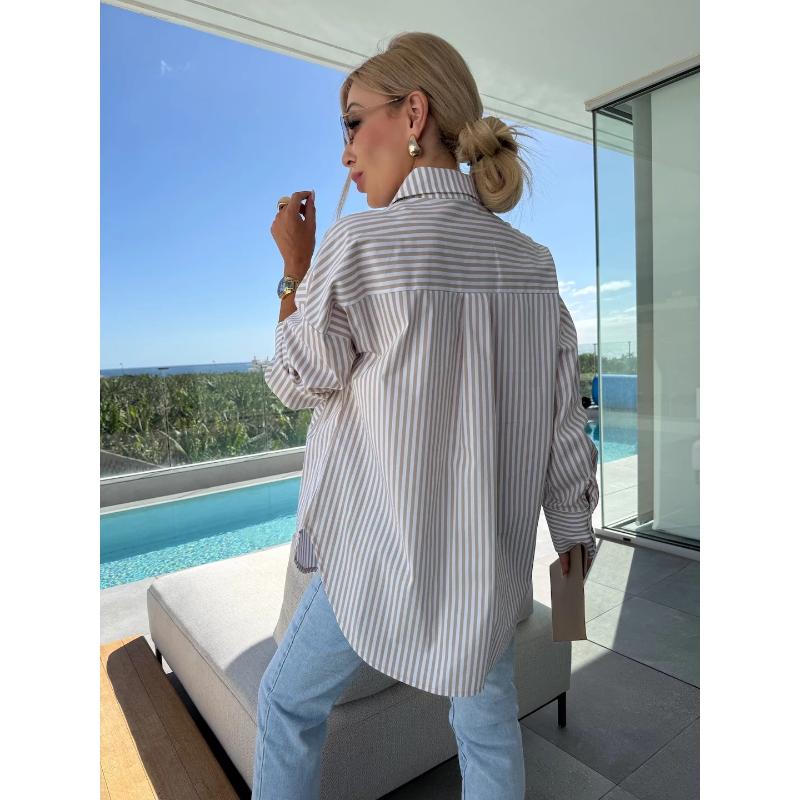 Новая осенняя модная повседневная рубашка с длинным рукавом на пуговицах и с принтом в полоску для женщин