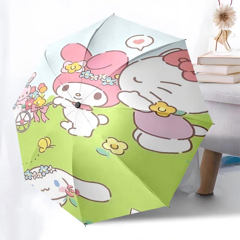 1pc My Melody & Friends Floral Print Automatic Opening/Closing Umbrella with Portable Tri-Fold Design, 8-Bone Iron Frame Outdoor Umbrella, Perfect Gif