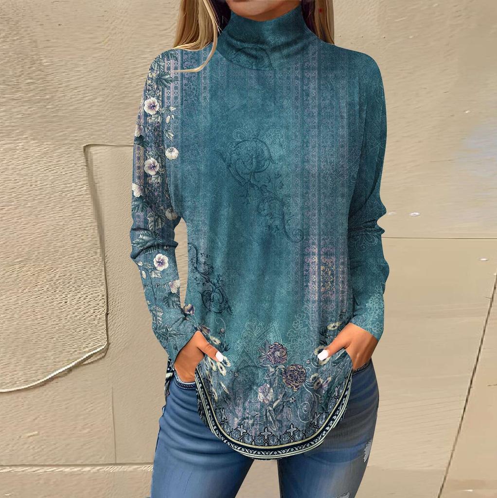 Футболки для женщин, осенние повседневные рубашки с длинными рукавами, толстовка с винтажным принтом, топ с высоким воротом, пуловер