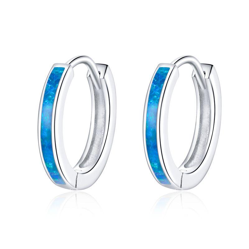 WOSTU Real 925 Sterling Silver Simple Opal Hoop Earrings Blue Circle Earrings For Women Original Silver 925 Jewelry CQE992