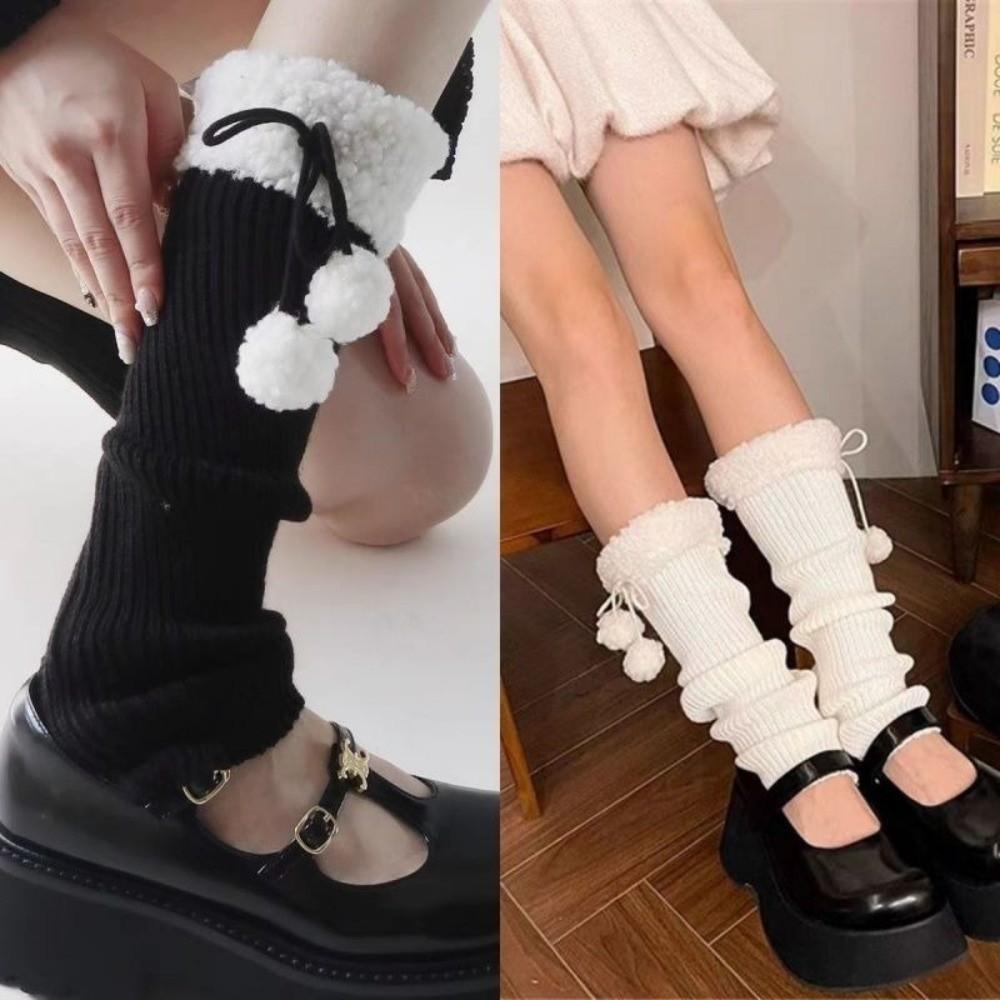1pair Warm Mid-Calf Length Socks Solid Color Heap Sock Boot Cuffs Retro Winter Foot Cover Girl