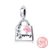 Trendy 925 Sterling Silver Pink Enamel Travel Bag Shopping Bag Beaded Charm Fits Fashion Snake Bracelet Jewelry Making Beads