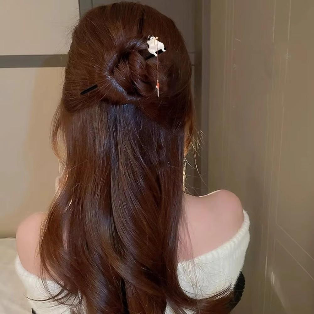 Chinese Style Wooden Hair Stick Tassel Hanfu Hairpin Antique Cat Fishing Hair Stick Girl