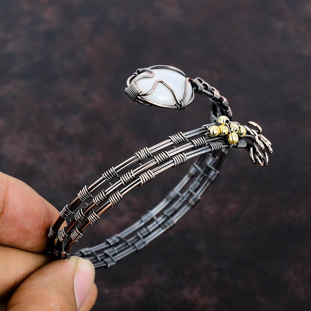 Браслет-манжета Rainbow Moonstone, браслет из медной проволоки с драгоценными камнями, регулируемый браслет-манжета ручной работы, ювелирные изделия из медной проволоки, браслет из лунного камня