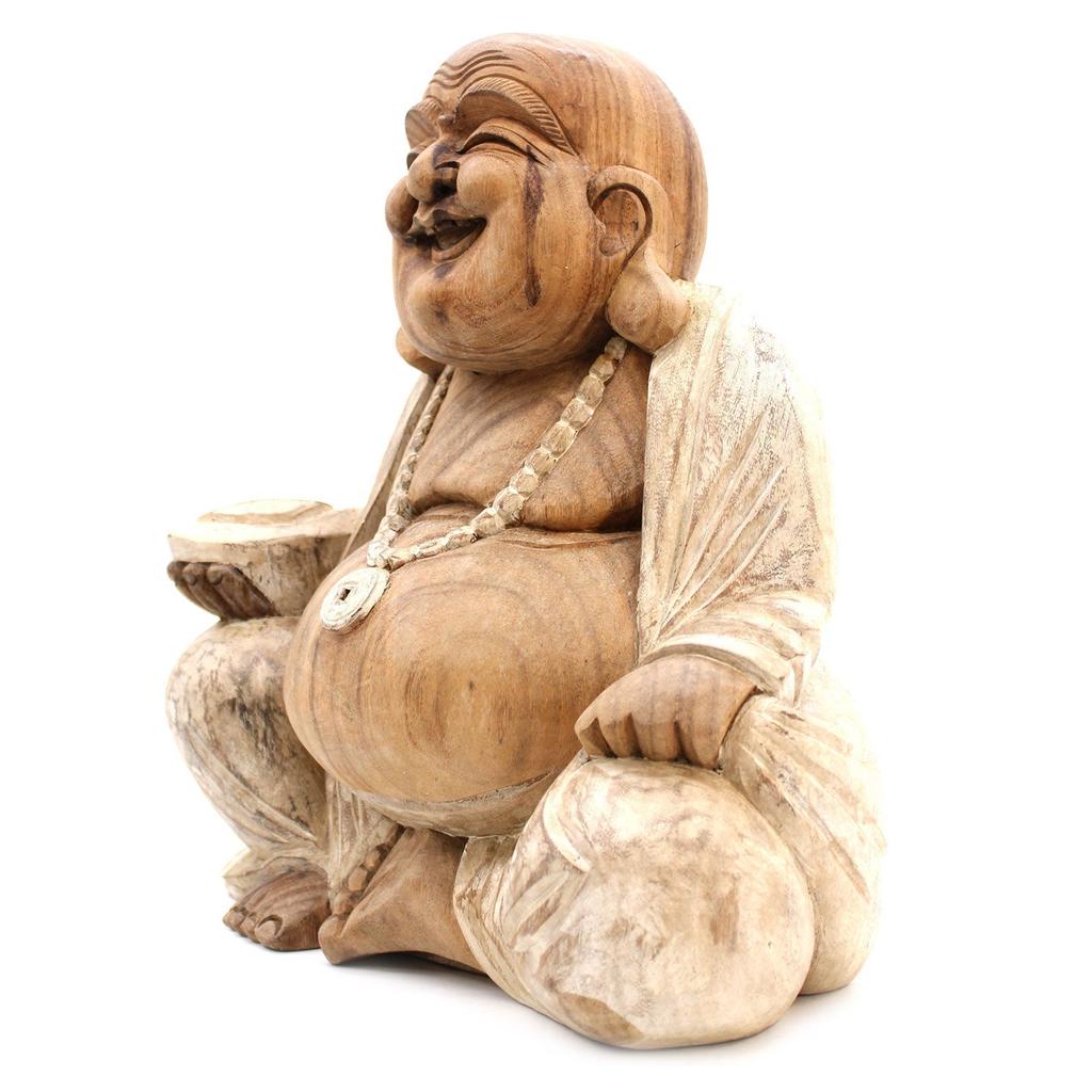 Buddha Statue Happy Whitewash Suar Wood 40cm