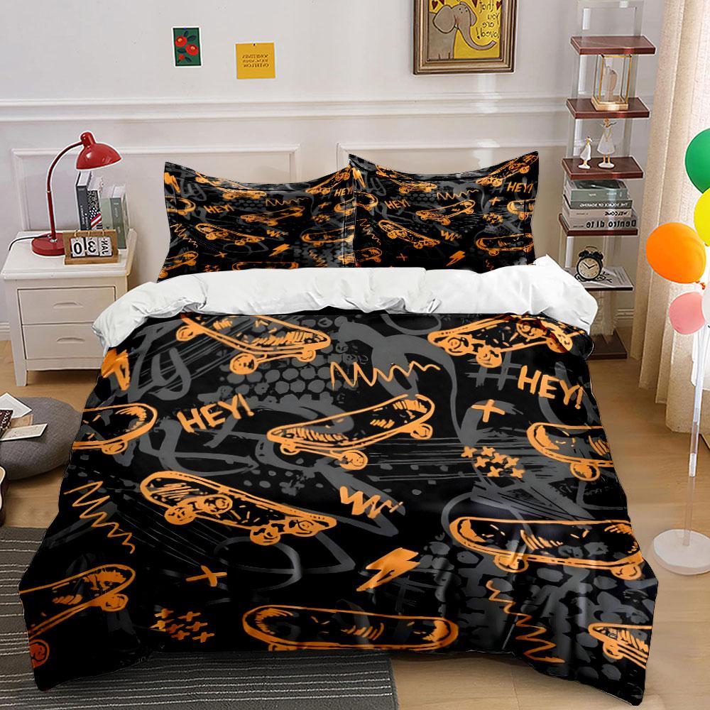 Skateboard Graffiti Print Bedding Duvet Cover Set (1*Duvet Cover 2*Pillowcases, without duvet insert)