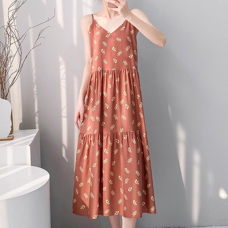 New women's cotton and silk nightgown summer thin large size printing sweet floral pajamas sleeveless outer loungewear