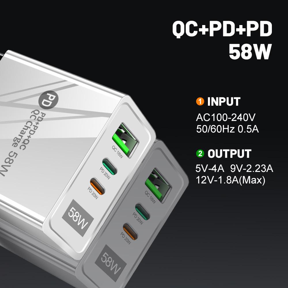 Двойное быстрое зарядное устройство 58 Вт с 2 портами PD + QC3.0 для мобильных телефонов - EU/US/UK