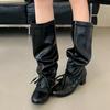 Мода Liyke Новая Мода Круглый Носок Шнуровка Плиссированные Сапоги до Колена Женские Низкий Квадратный Каблук Осень Зима Кожа Женская Обувь Ботильоны