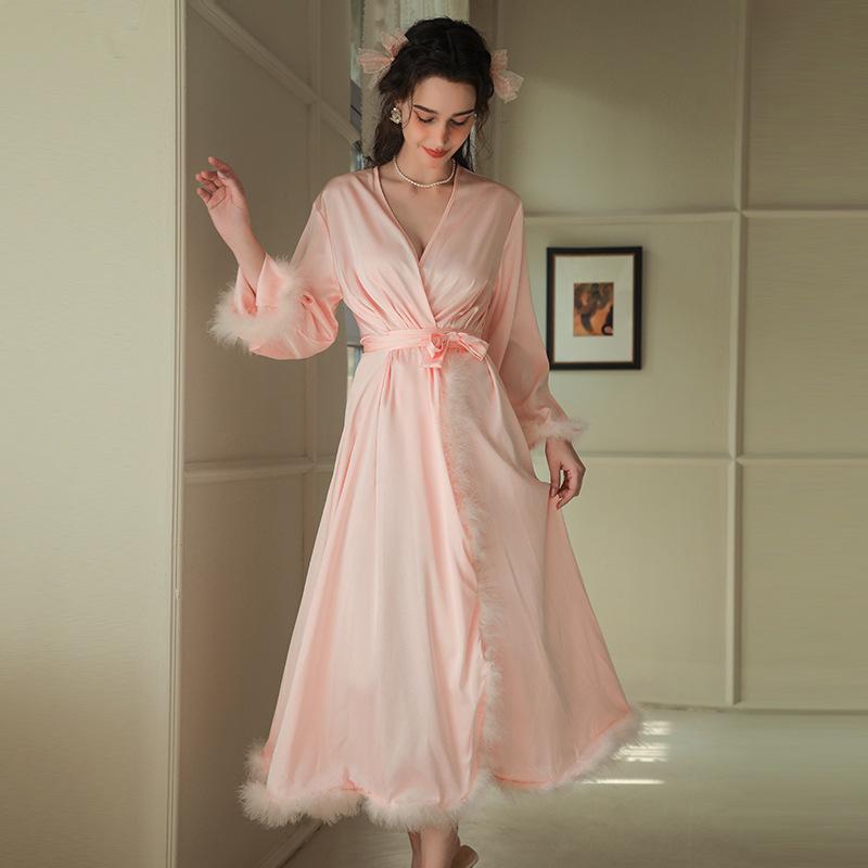 Sexy Wedding Morning Feather Robe Women Long Kimono Bathrobe Gown Spring Summer Satin Sleepwear Nightgown Loose Home Dress