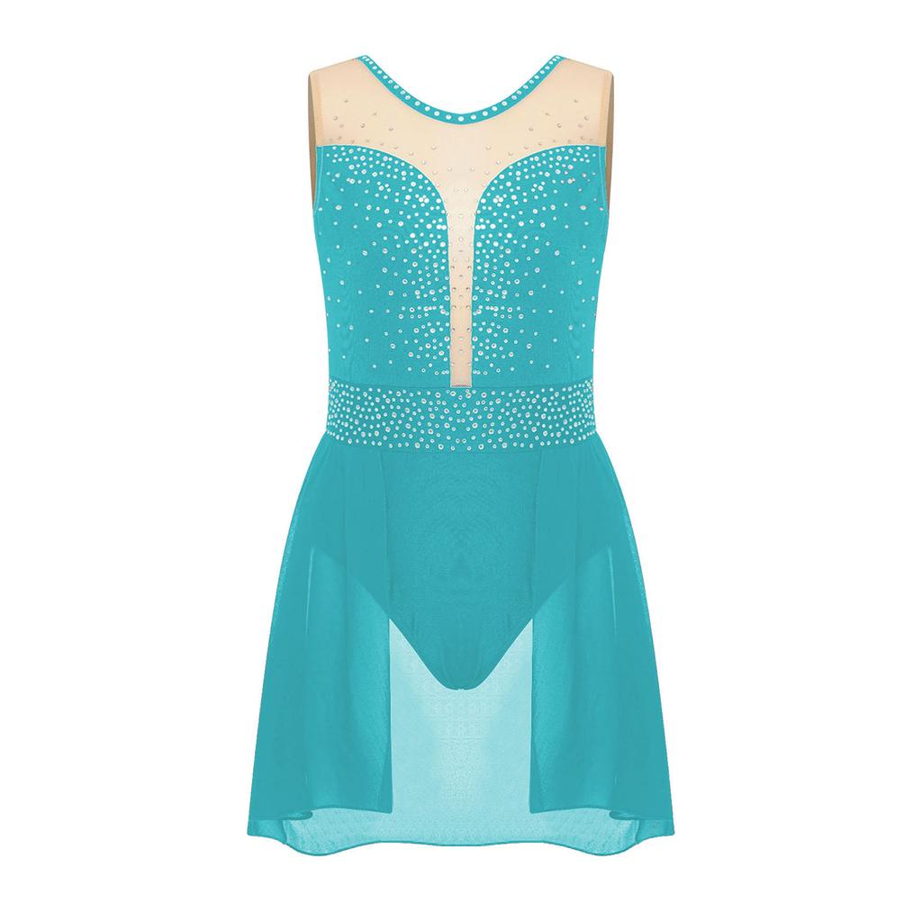 Лирический танцевальный купальник для девочек, блестящие стразы, перекрещивающиеся сзади, U-образный вырез, юбка