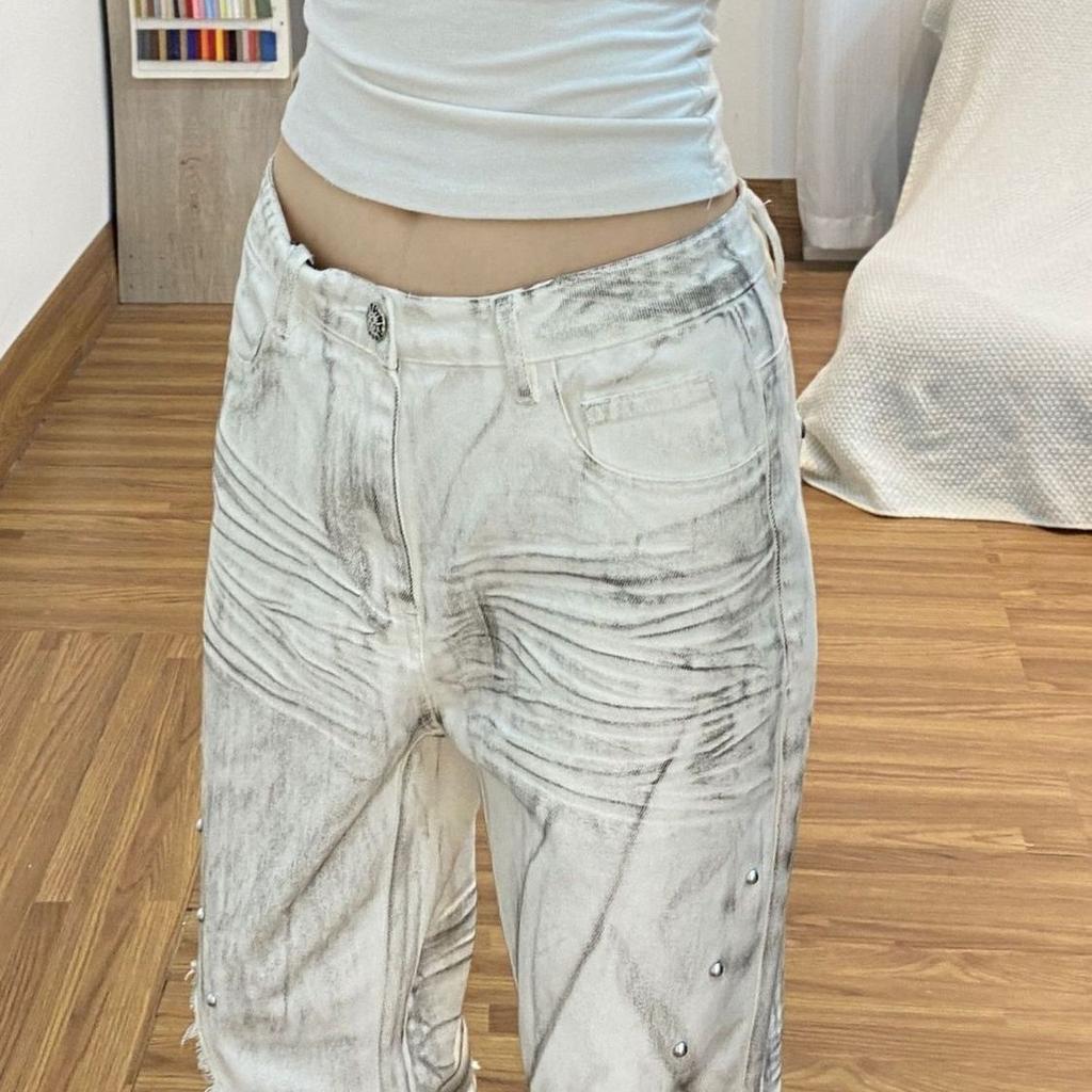 Retro Printed Wing Patch Women Jeans Punk Style Slim Fit Men and Women Bell Bottoms Floor Mopping Pants