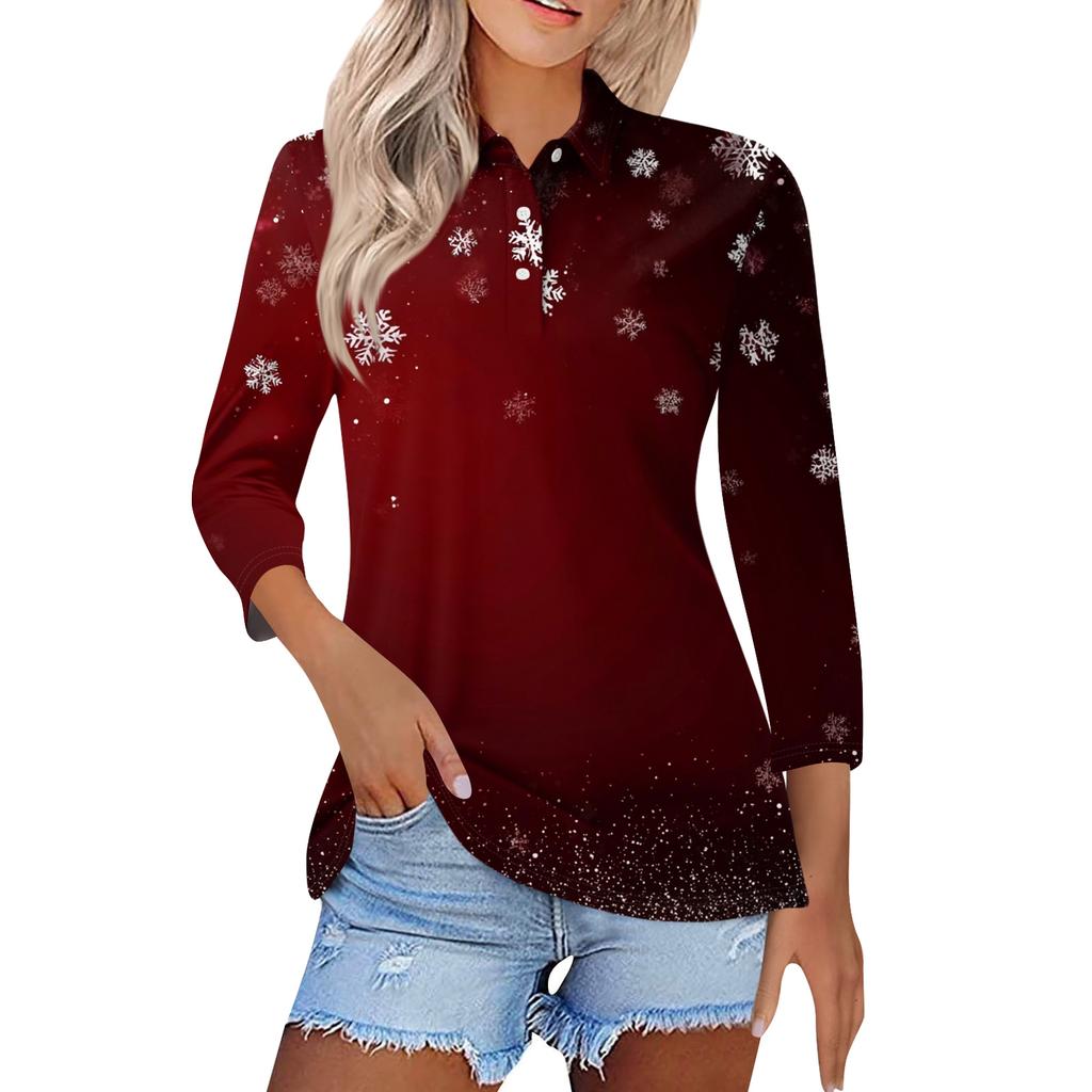 Women's Fashion Casual Lapel Short 3/4 Sleeve Christmas Print Shirt Women's Button Up Tops