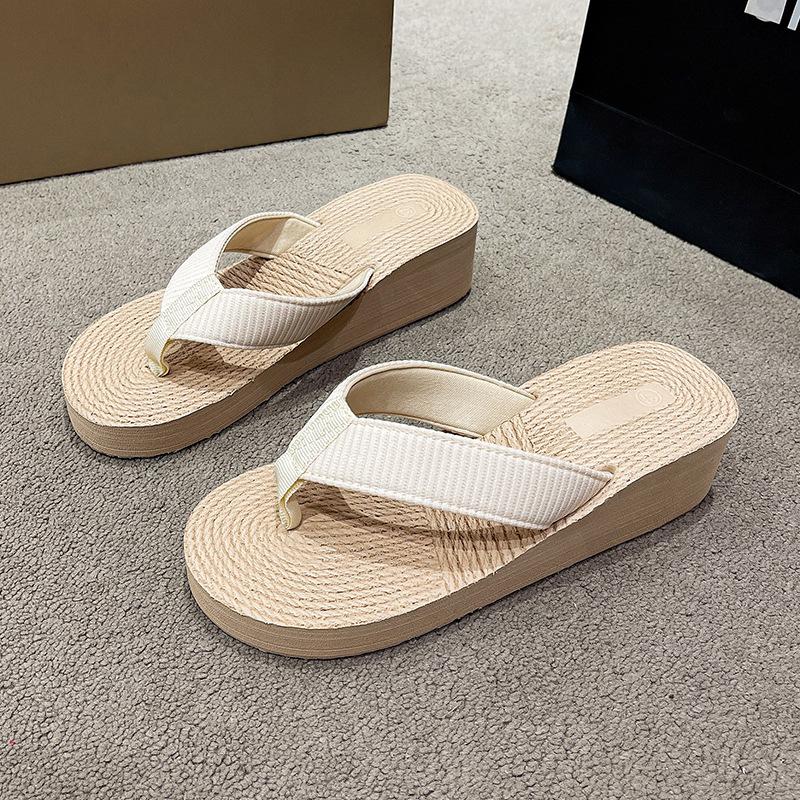 Straw travel hemp bottom slope heel slippers wear flip-flops non-slip pinch foot beach shoes