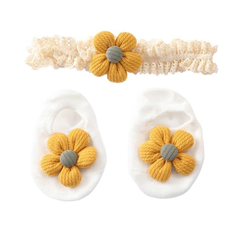 Вязаные хлопковые носки с цветочным узором для маленьких девочек, противоскользящие носки до щиколотки, кружевной комплект с повязкой на голову, подарочная одежда для новорожденных
