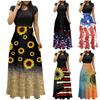 Women's Summer Fashion Casual Vintage Printed Crewneck Short Sleeve Maxi Skirt