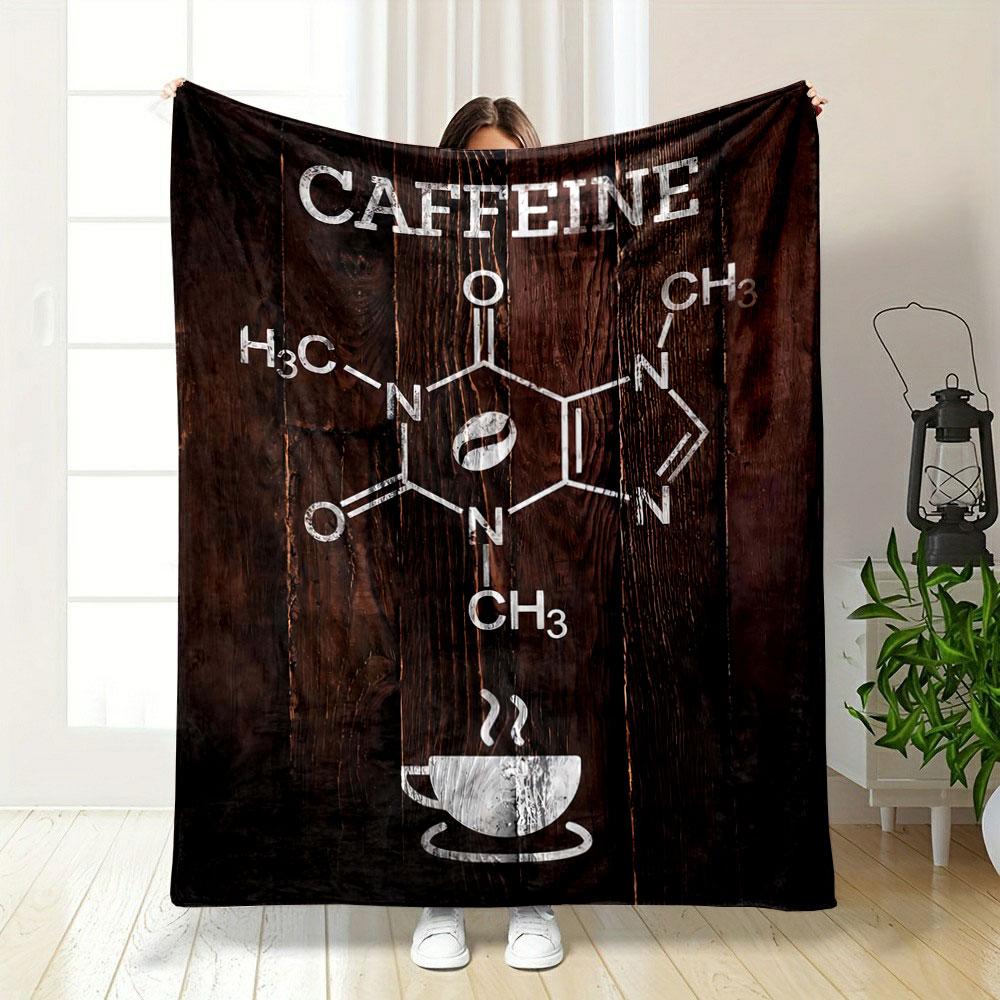 Caffeine molecular structure with a coffee cup on a textured wooden background. for all seasons blanket lunch break throw gift