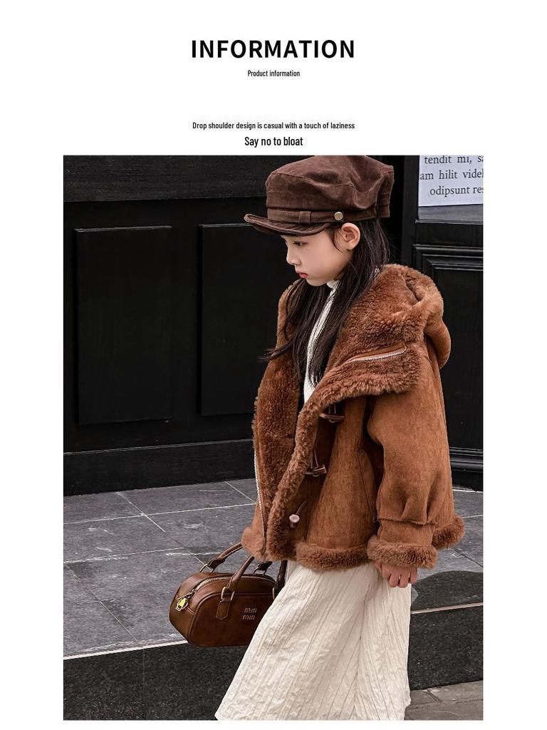 Детское пальто из искусственной овчины с капюшоном в корейском стиле - Зимнее теплое цельное пальто на пуговицах-дафлкотах для мальчиков и девочек