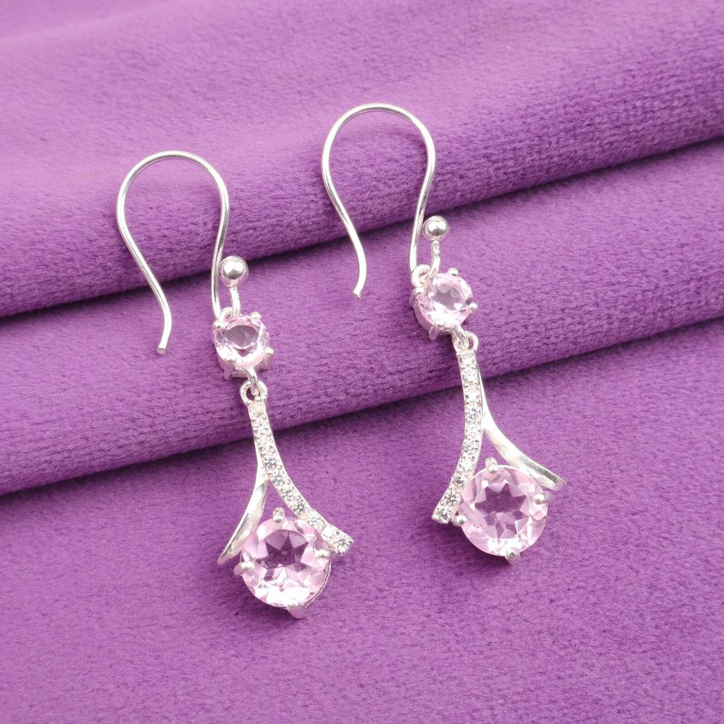 Morganite Gemstone 925 Stamped Silver Jewelry Drop/Dangle Earrings 1.84" For Her CZE-9-7