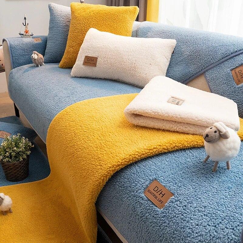 Шерстяной зимний утолщенный плюшевый чехол для дивана, простой универсальный чехол для дивана на четыре сезона, нескользящий универсальный чехол, тканевая подушка