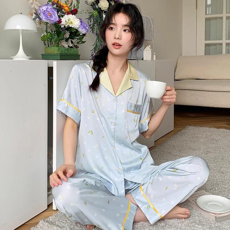 Ice Silk Pajamas Female Cute Wind Bear Summer High-End Cartoon Short-Sleeved Trousers Loungewear