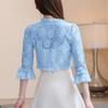 Women Sunscreen Coat Lace See-through Hollow Out Flower Embroidery Shirring Anti-UV Short Three Quarter Sleeve Lady