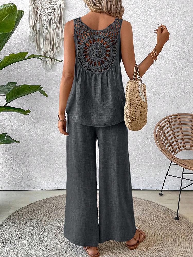 Весна, Лето Цвет Полый Кружевной Комплект из Двух Предметов Модный Повседневный Жилет и Широкие Брюки