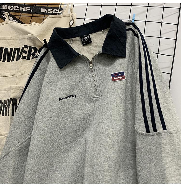 Мужской японский ретро серый поло-свитшот на молнии до половины - Куртка с длинным рукавом на весну/осень