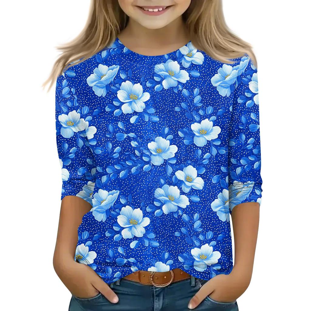 Print Tops For Youth Girls 5-16 Years Round Neck 3/4 Sleeves T-Shirts Trendy Tops Outfit Tees