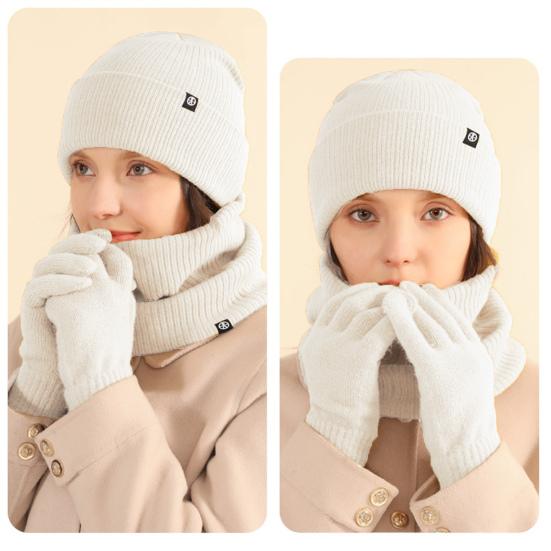 Yousheng 3 Pcs/Set Unisex Winter Beanie Scarf Gloves Set Thick Plush Knitted Warm Cap Gloves Elastic Ear Protection Windproof Winter Outdoor Cycling